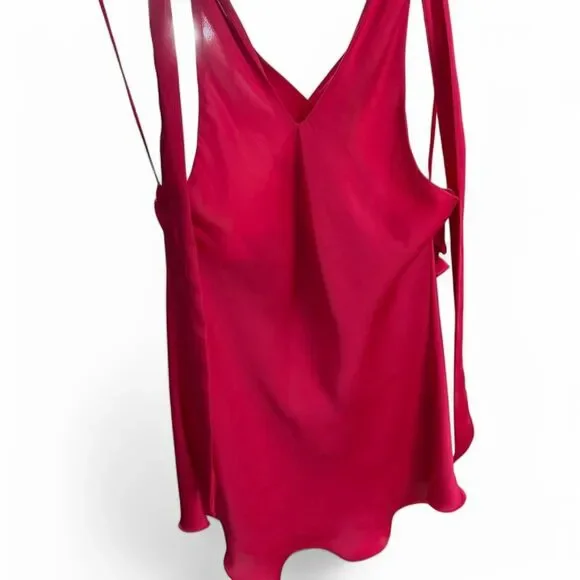 Hot pink ruffle blouse with adjustable criss cross strap, halter top style. - Picture 7 of 8
